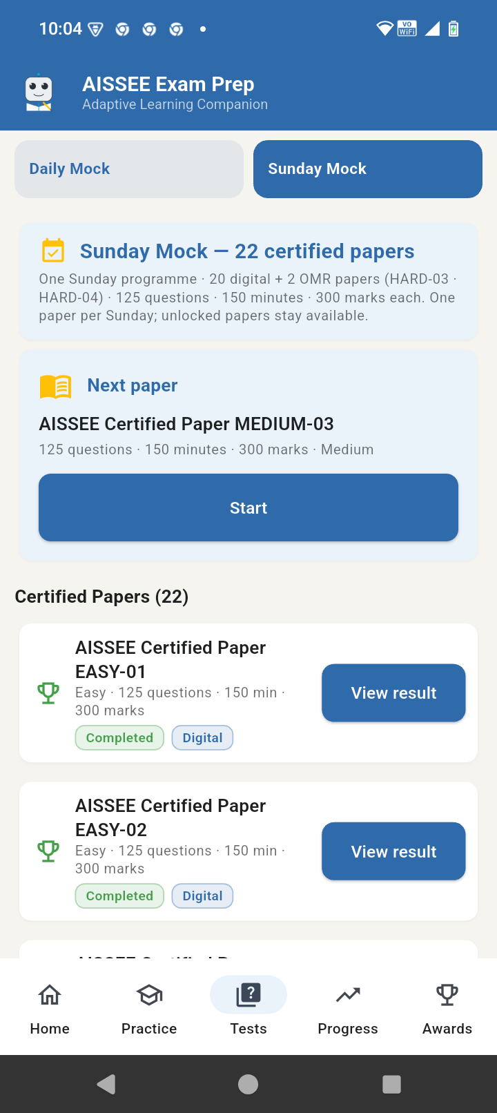 AISSEE-Learning Daily Mock screen with 50 questions, 60 minutes and 100 marks