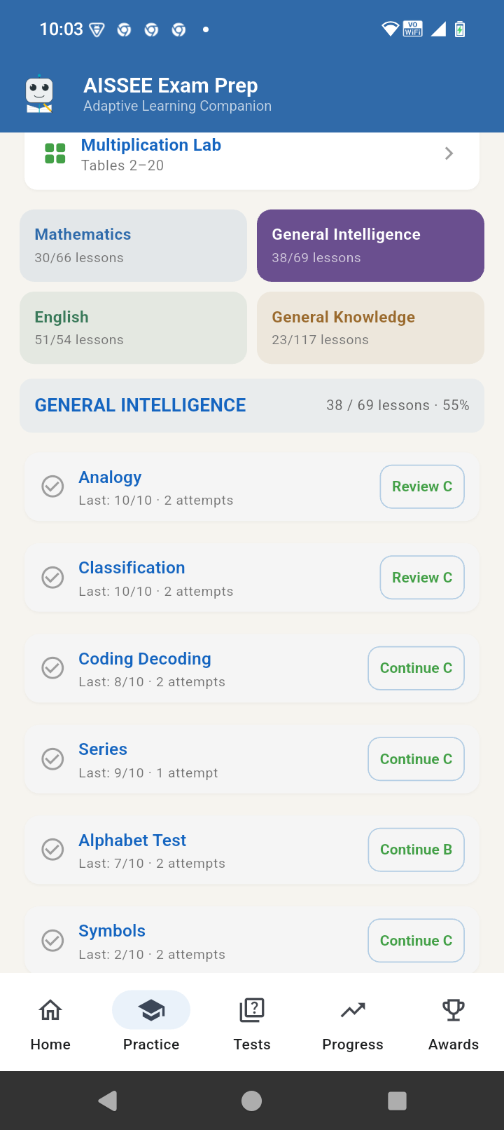 AISSEE-Learning Practice screen showing subject progress and recommended lesson actions